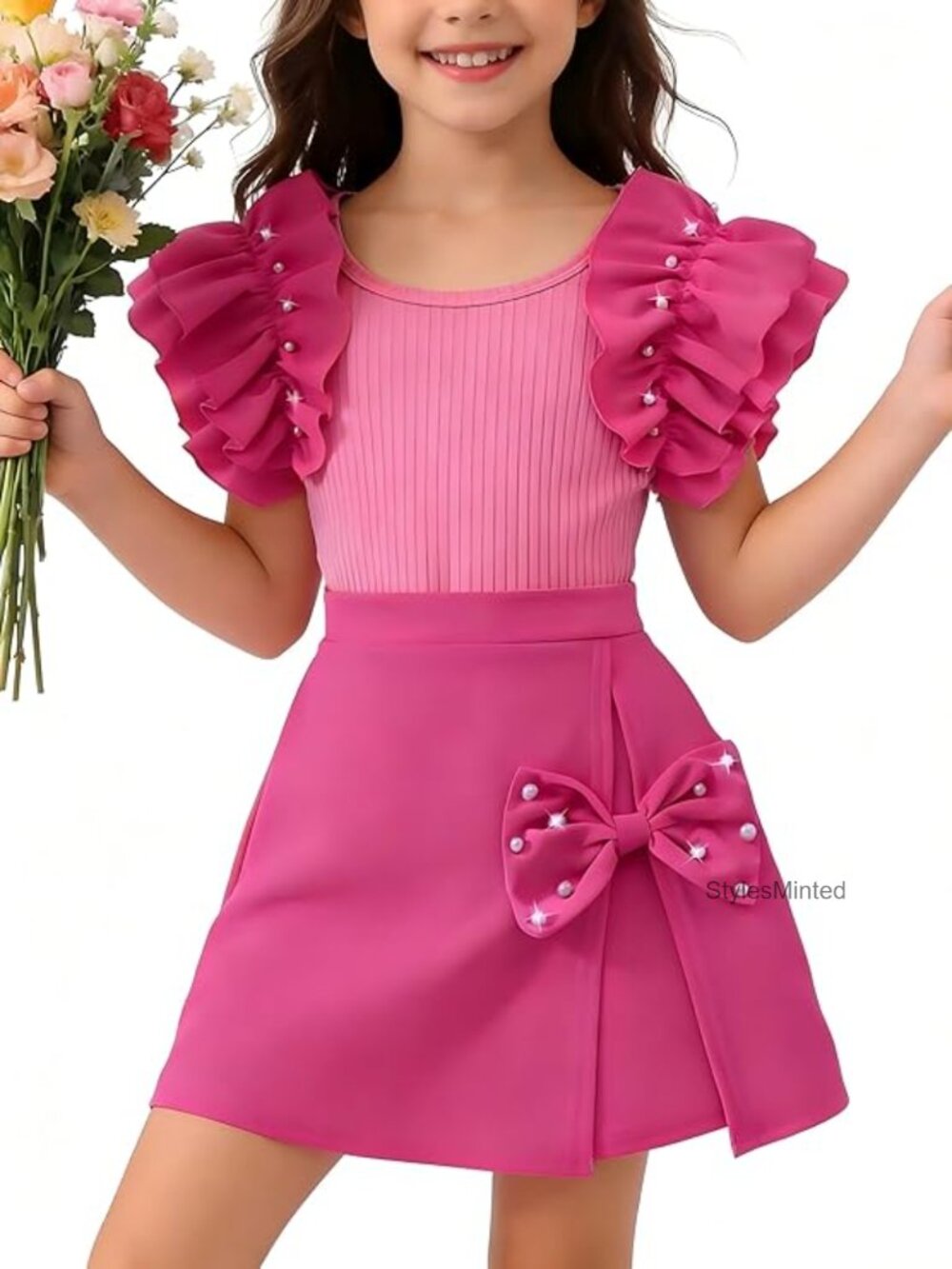 Girls 2-Piece Sleeveless Ruffle Top & Bow Skirt Set 8-13 Kids Summer Outfit